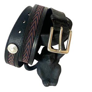 Gap Black Leather Belt Buffalo Head Nickel Medallion with Geometric Fabric Sz 36